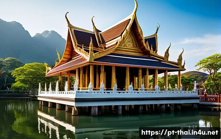 태국의 건축 양식 - A traditional Thai temple nestled beside a serene lake, surrounded by lush tropical vegetation. The ...