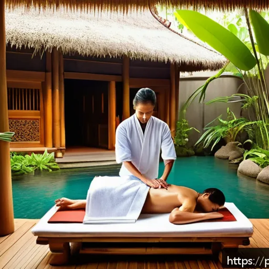태국 인기 스파 브랜드 - A serene traditional Thai spa setting surrounded by lush tropical gardens and wooden architecture wi...