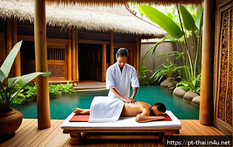 태국 인기 스파 브랜드 - A serene traditional Thai spa setting surrounded by lush tropical gardens and wooden architecture wi...