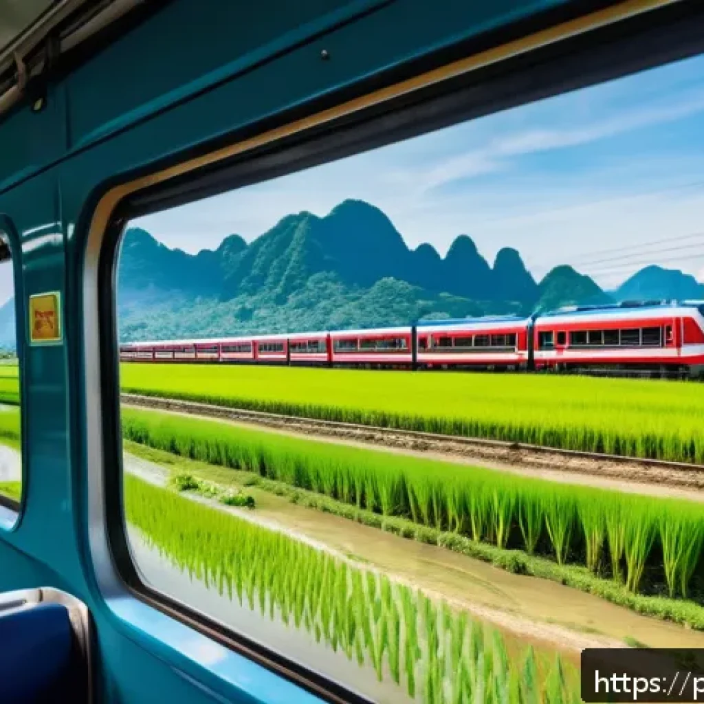 태국의 철도 여행 루트 - A vibrant scenic view of a traditional Thai train traveling through lush green rice fields under a b...