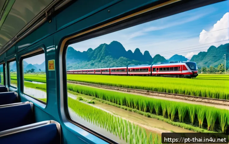 태국의 철도 여행 루트 - A vibrant scenic view of a traditional Thai train traveling through lush green rice fields under a b...