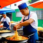 태국식 요리의 특징 - A vibrant Thai street food market scene in São Paulo, Brazil, bustling with diverse people enjoying ...