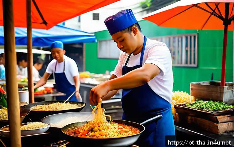 태국식 요리의 특징 - A vibrant Thai street food market scene in São Paulo, Brazil, bustling with diverse people enjoying ...