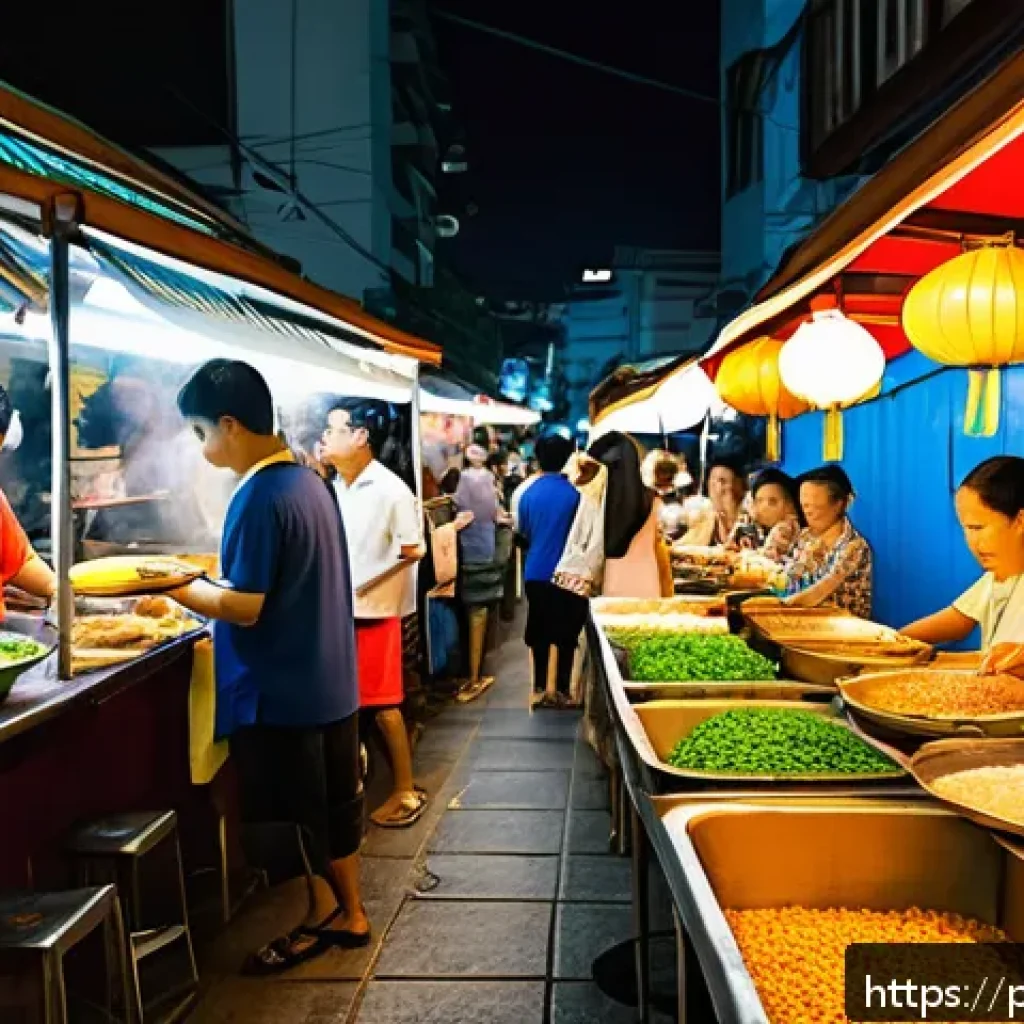 태국 전통 음식 - A vibrant Thai street food market scene at dusk in Bangkok, with colorful stalls displaying authenti...