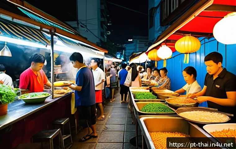 태국 전통 음식 - A vibrant Thai street food market scene at dusk in Bangkok, with colorful stalls displaying authenti...