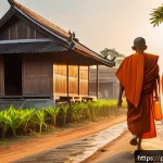 태국의 문화적 상징 의미 - A serene early morning scene in a small Thai village featuring Buddhist monks dressed in vivid orang...