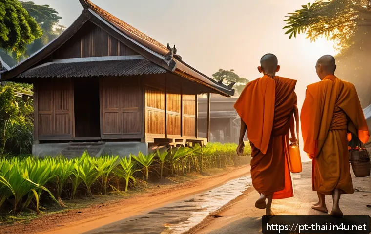 태국의 문화적 상징 의미 - A serene early morning scene in a small Thai village featuring Buddhist monks dressed in vivid orang...