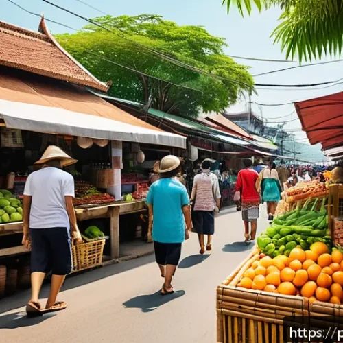 태국의 지속 가능한 라이프스타일 - A vibrant local Thai market scene bustling with people carrying reusable bags and bamboo cups, color...
