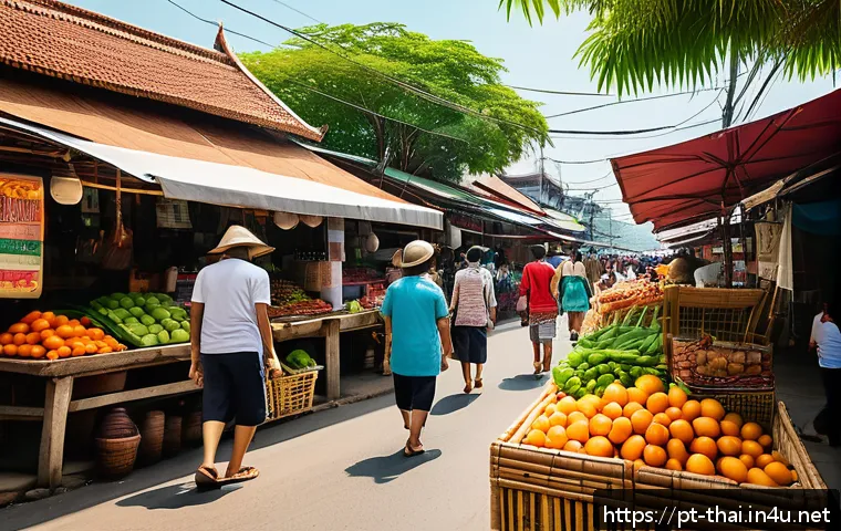 태국의 지속 가능한 라이프스타일 - A vibrant local Thai market scene bustling with people carrying reusable bags and bamboo cups, color...