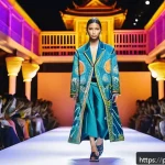 태국의 현대 패션 디자이너 - A contemporary Thai fashion runway scene featuring models wearing vibrant traditional Thai silk garm...