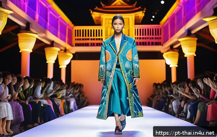 태국의 현대 패션 디자이너 - A contemporary Thai fashion runway scene featuring models wearing vibrant traditional Thai silk garm...