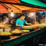 Home 18 태국 물가 정보 - A bustling Thai street food market at night, vibrant stalls with colorful signage in Thai script, ve...