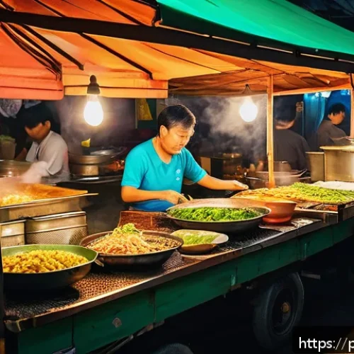 Home 30 태국 물가 정보 - A bustling Thai street food market at night, vibrant stalls with colorful signage in Thai script, ve...