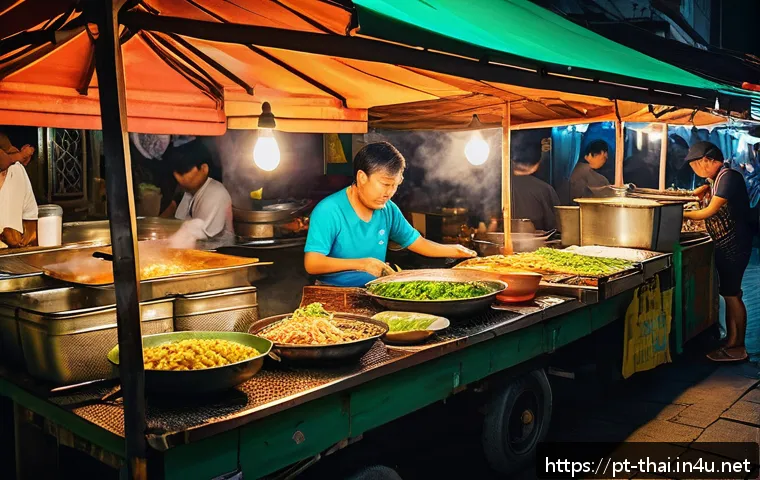 태국 물가 정보 - A bustling Thai street food market at night, vibrant stalls with colorful signage in Thai script, ve...