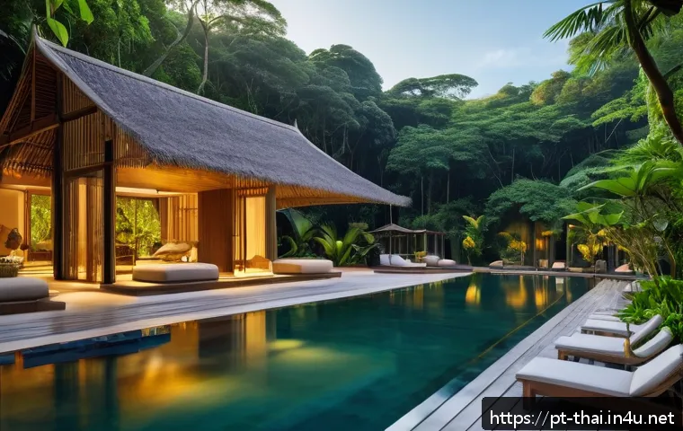 태국의 리조트 개발 계획 - A luxurious eco-friendly resort nestled in a lush Thai tropical forest, featuring innovative green a...