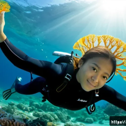 태국의 해양 생물 보전 - Photorealistic underwater scene in the Gulf of Thailand, a Thai marine biologist in a full wetsuit c...