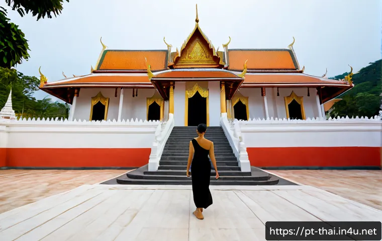 태국 사원의 종류 - Photorealistic wide-angle view of a traditional Thai Buddhist wat at sunrise, sweeping multi-tiered ...