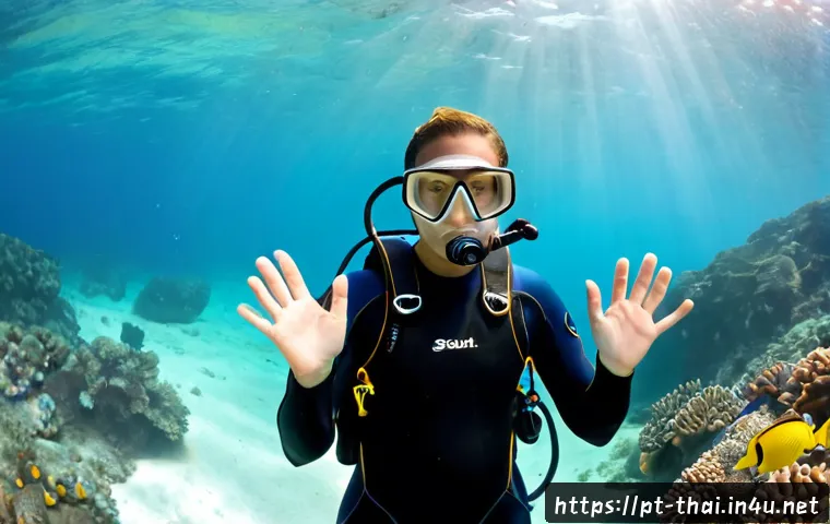 Home 17 태국에서 다이빙 배우기 - Photorealistic beginner scuba diving lesson in clear turquoise water off a tropical Thai island, adu...